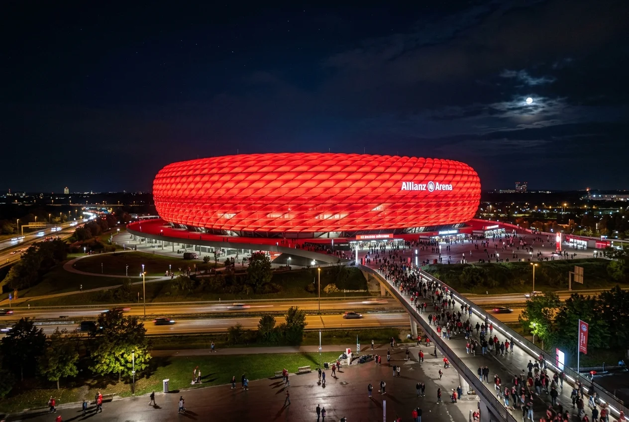 Glow red ETFE panels of Allianz Arena at night in Munich