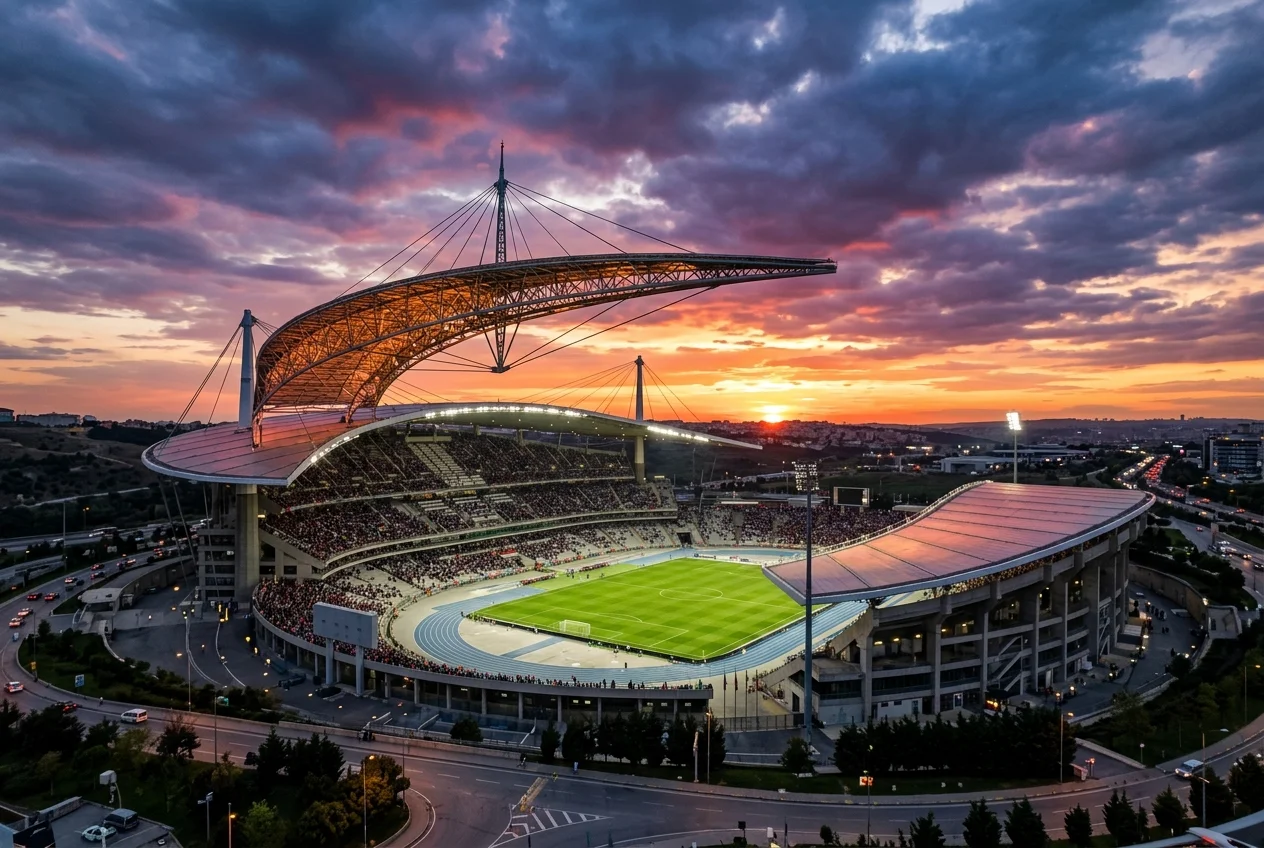 Crescent shape steel roof arch of Ataturk Olympic Stadium in Istanbul