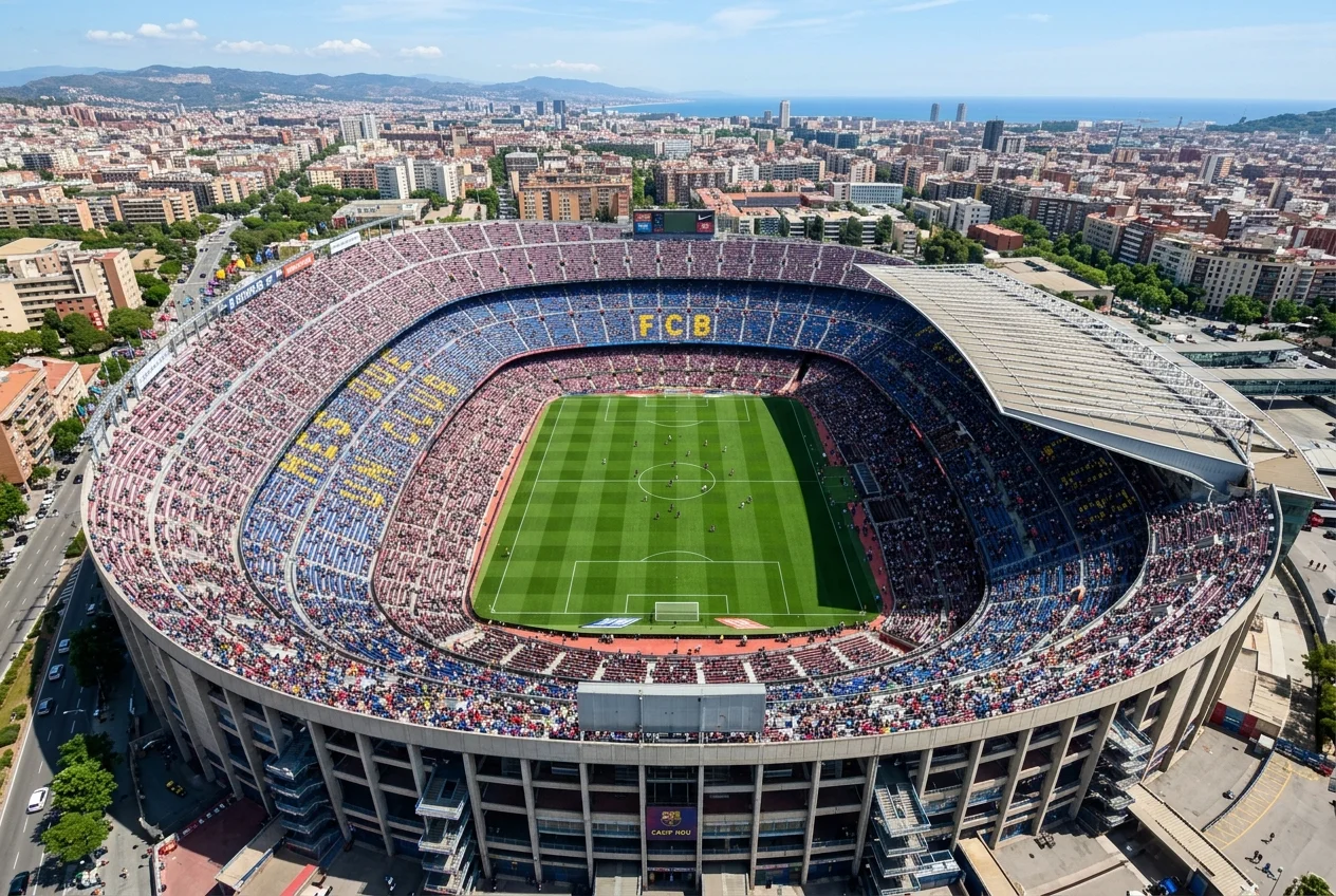 Aerial view of the massive Camp Nou stadium bowl in Barcelona