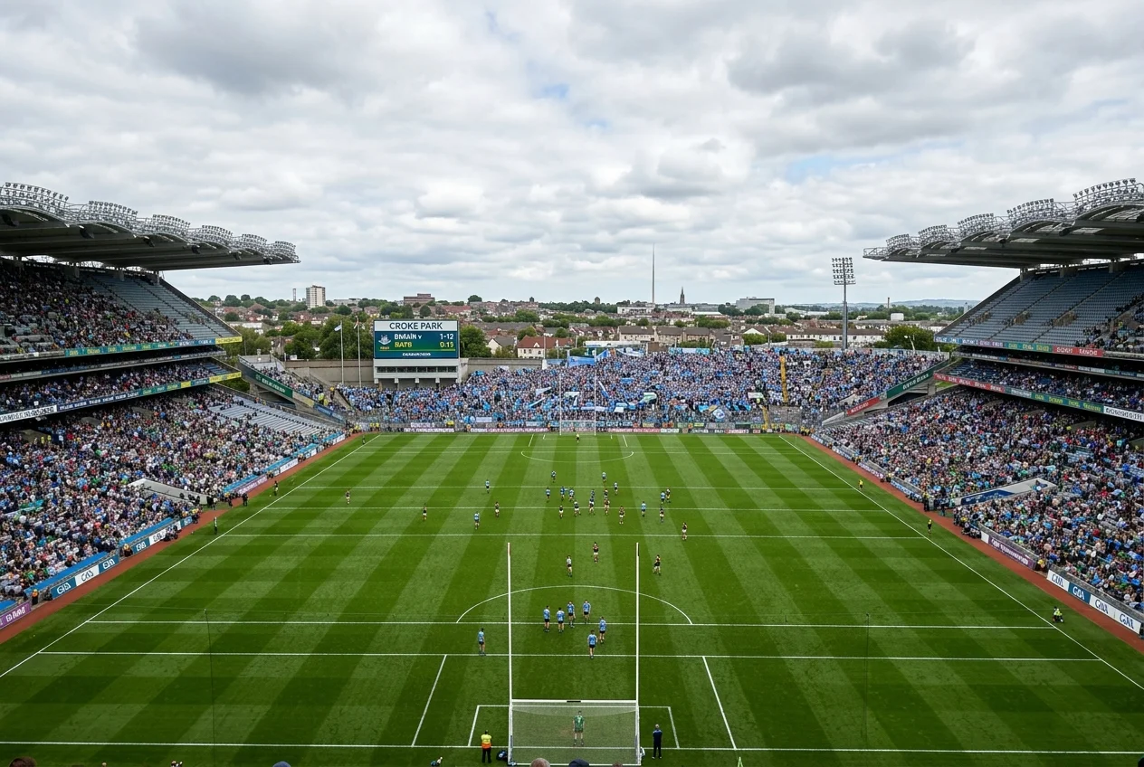 Croke Park stands and Hill 16 terrace under cloudy sky in Dublin