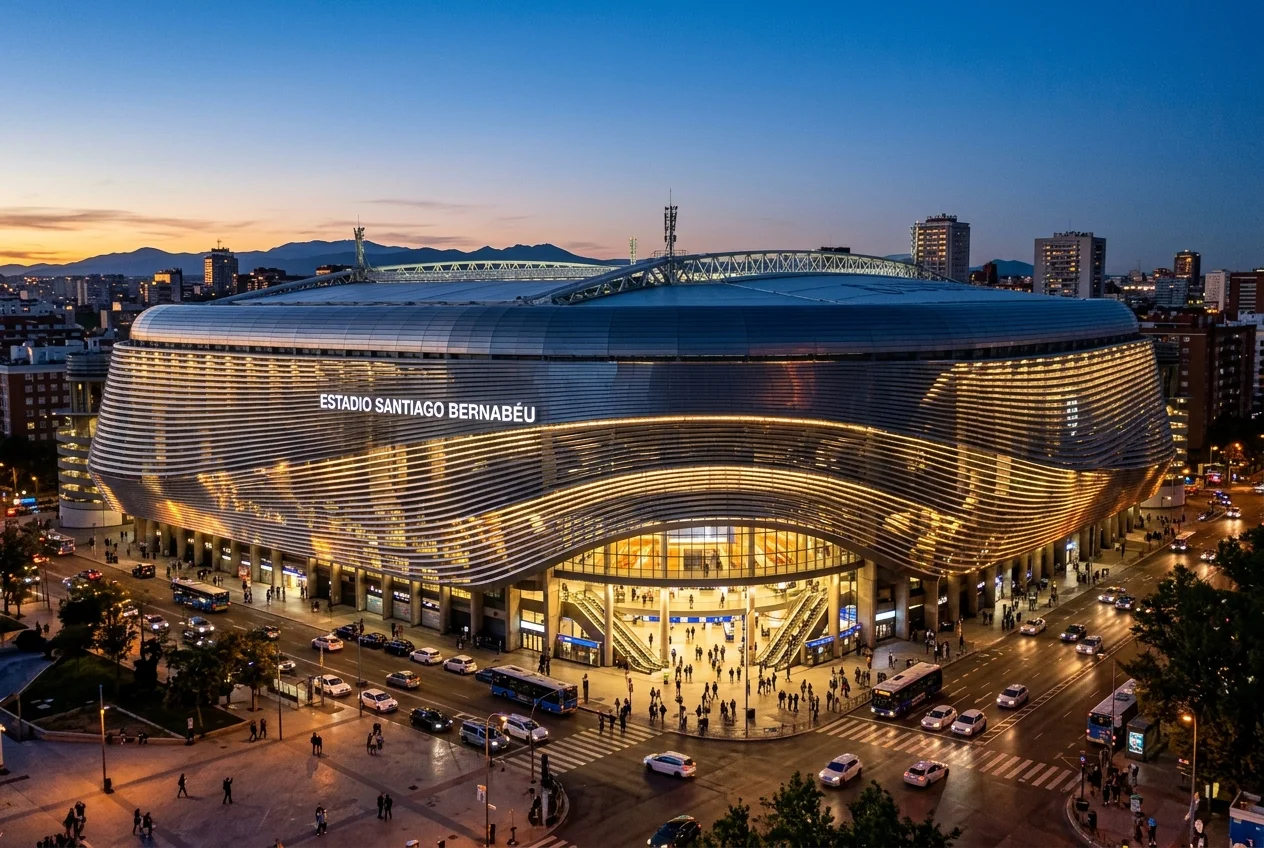 Modern metallic facade of Santiago Bernabeu stadium in Madrid