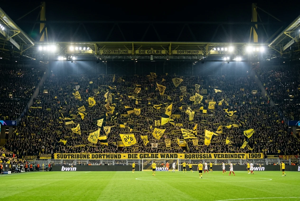 The famous yellow wall standing terrace at Signal Iduna Park in Dortmund