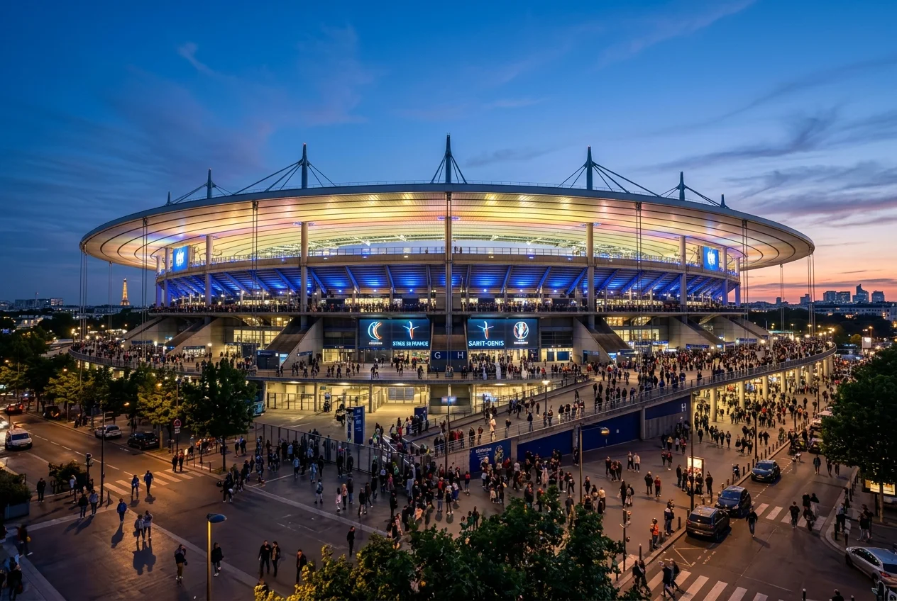Stade de France illuminated circular roof structure in Saint-Denis