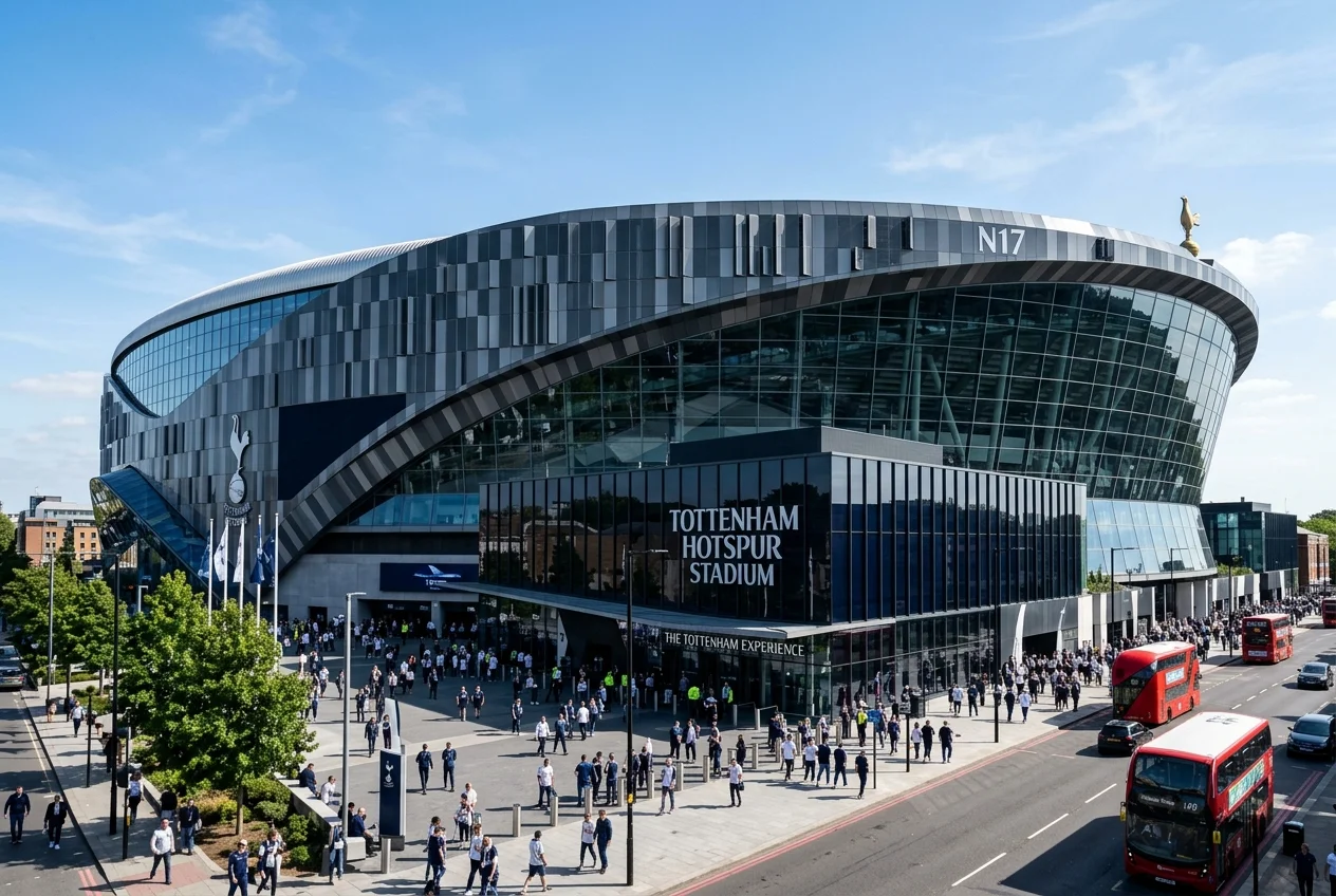 Sleek dark exterior of the Tottenham Hotspur Stadium in London