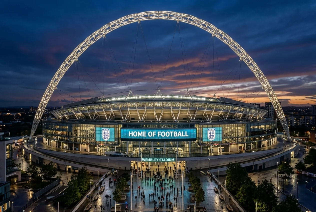 Wembley Stadium exterior showing the giant arch in London